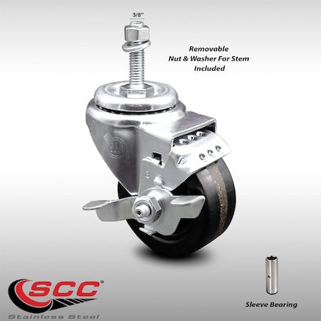 Service Caster 3.5 Inch SS Phenolic Wheel Swivel 3/8 Inch Threaded Stem Caster with Brake SCC SCC-SSTS20S3514-PHS-TLB-381615
